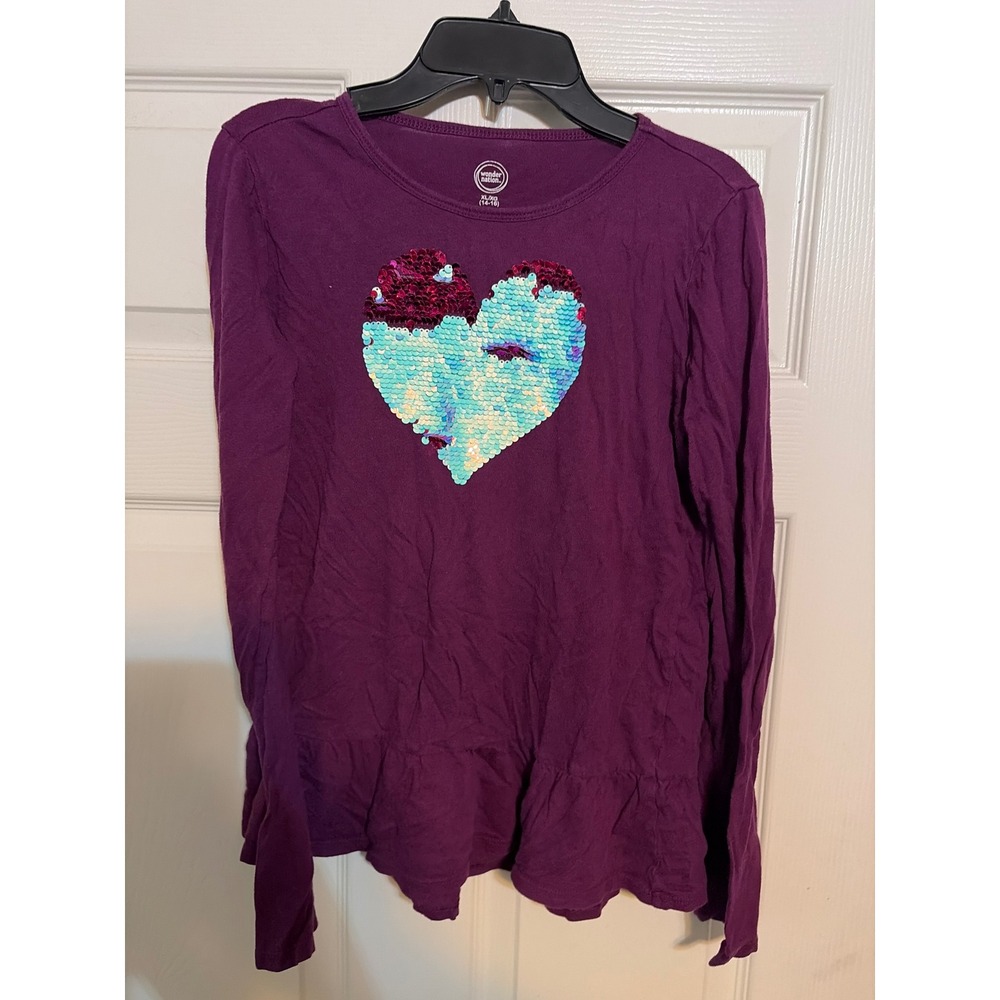 Wonder Nation Girls XL 14-16 Purple Long Sleeve Flip Sequin Heart Peplum Top